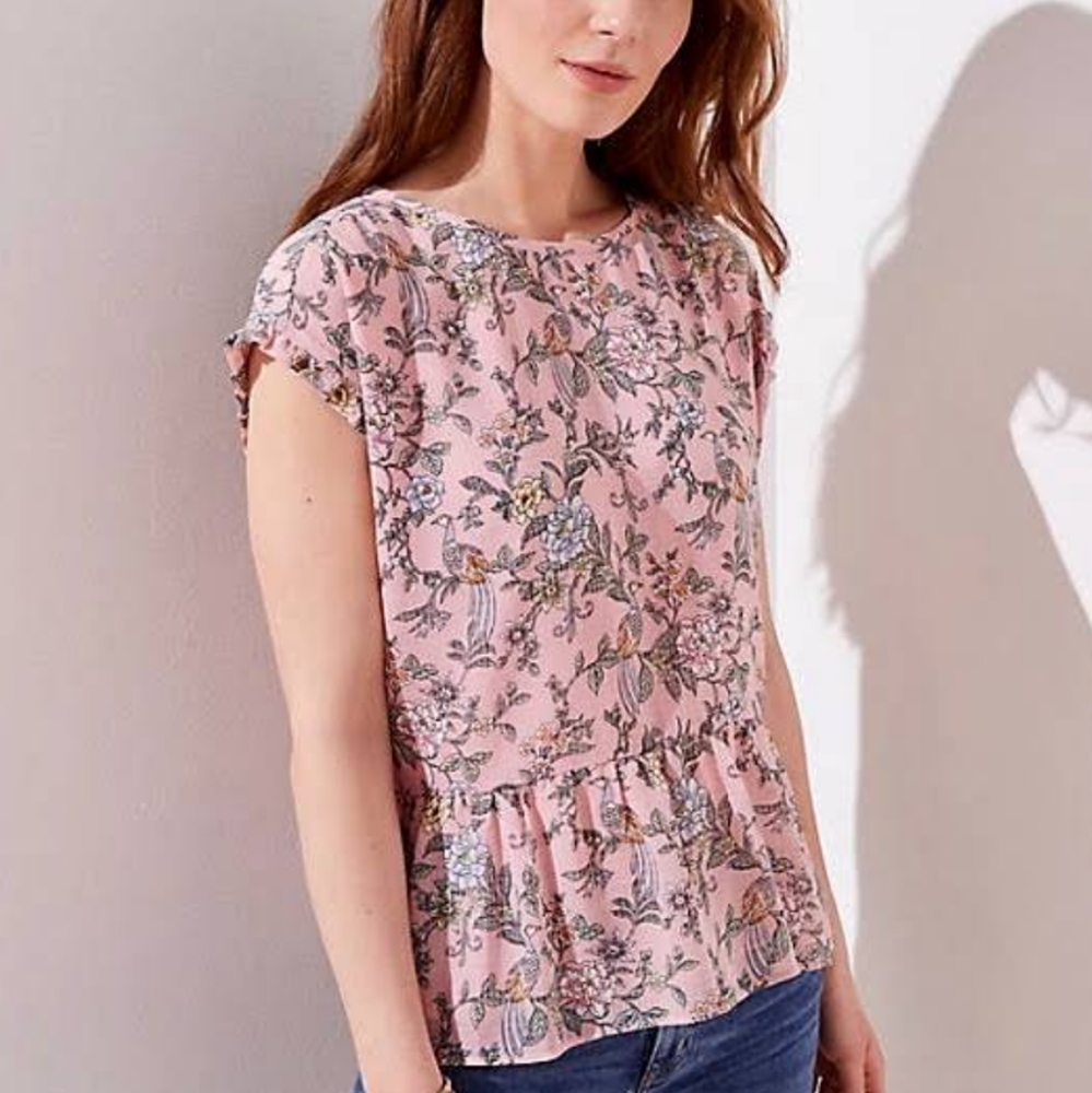 Floral and Bird Print Peplum Ruffle Sleeve Blouse